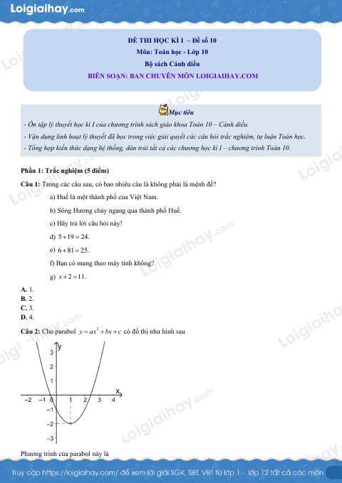 Đề thi học kì 1 Toán 10 Cánh diều - Đề số 10
